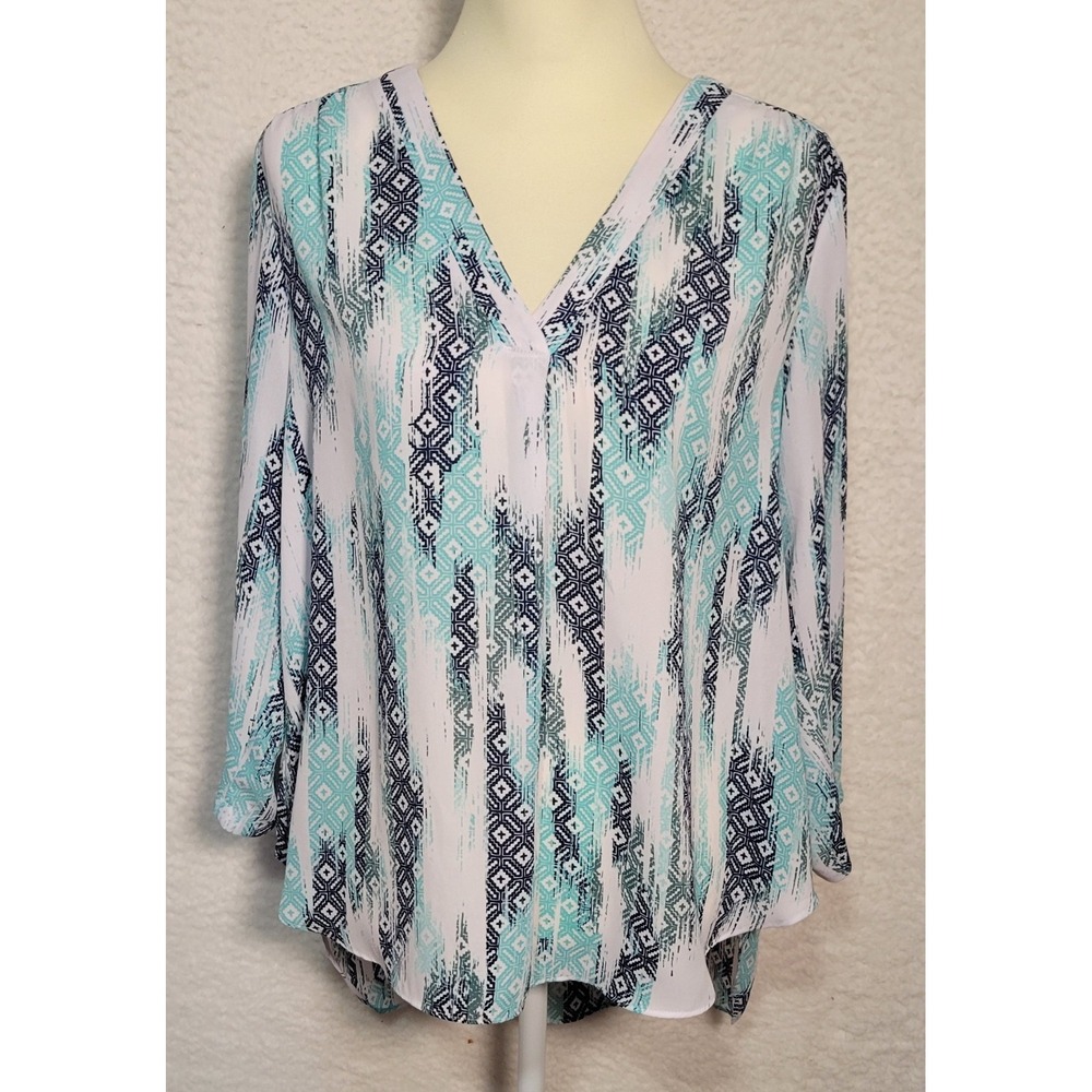 ANA A New Approach Womens Blouse Size L 3/4 Sleeve V-Neck Geometric 1498